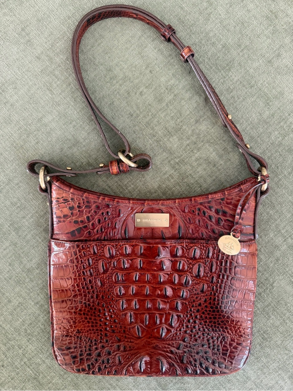 Brahmin Croc-Embossed Leather Shoulder Bag in Deep Cherry